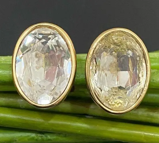 Givenchy Vintage New York Goldtone Oval Clear Crystal Rhinestone Clip Earrings
