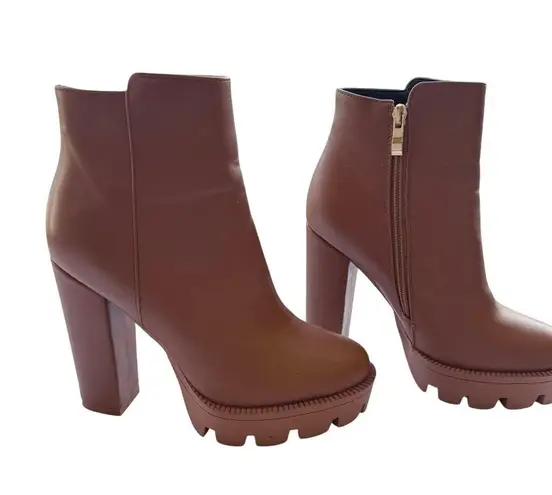 Studio F Chunky Platform Heeled Boots Size 37 – Brown Faux Leather Ankle Boots