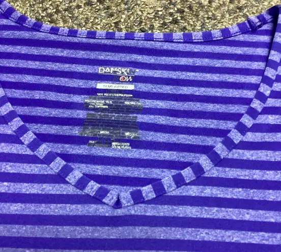 Danskin Now Athletic Semi Fitted V- neck Purple Striped Short Sleeve Shirt Size Medium