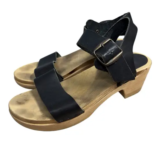 No.6 Black Leather Clog Sandals Wooden Platform Ankle Strap Size 38 US 7.5
