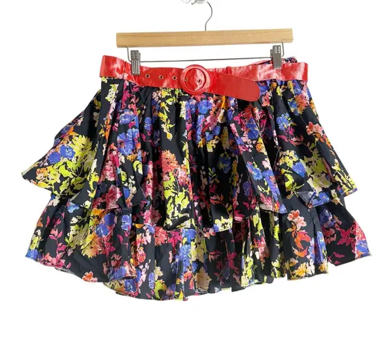Caroline Constas Reign Black Multi Floral Tiered Ruffle Belted Mini Skirt XL
