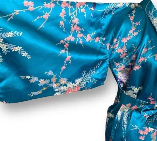 Jugeumm Robe Blue Pink Satin Floral Peacock Print Japanese Kimono Dressing Gown