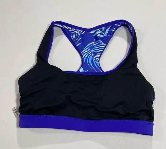 Womens Medium Blue & Black Racerback Swim Top With Tropical Print