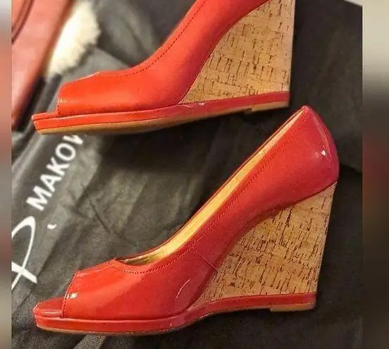 Tahari  Peep Toe Cork Wedge Heels. Red Patent Leather. Size 7 1/2