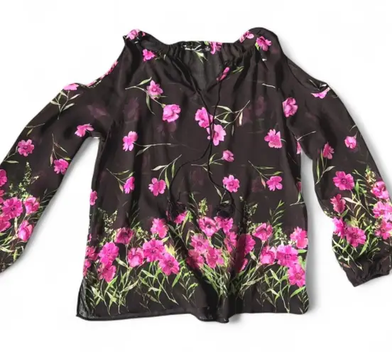 Dennis Basso Black Sheer Black Peasant Top with Floral Graphic + Tassels size M - Image 1