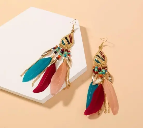 Long Bohemian Feather Chain Earrings Gold