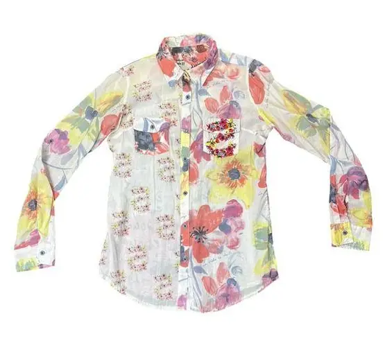 Desigual Embroidered Floral Long Sleeve Roll Tab Shirt Medium Western Rockabilly