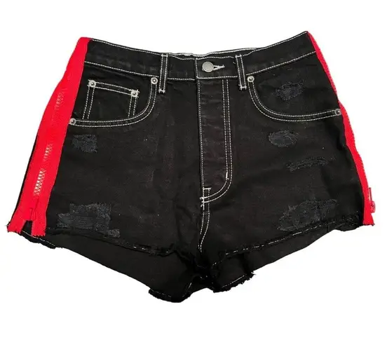 CARMAR Titania Distressed Denim Shorts Black Red Side Zipper High Rise 27 EUC - Image 1