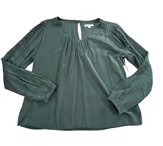 Nine Britton  Green Pleated V-Neck Blouse Women's Medium 3/4 Ruffle Sleeve Detail