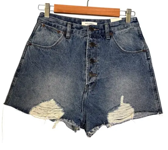 NWT Moussy Women's Blue Cut Off Jean Shorts Distressed Raw Hem Denim 28 Boho
