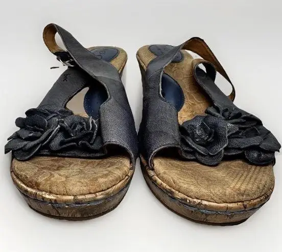 Born Concept B.O.C. 10 Dandee Wedge Leather Sandal Boho Blue Peep Toe 3D Flower