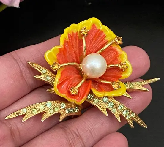 Vintage ORA Signed Orange Plastic Poppy Flower Faux Pearl Brooch & Earrings Set