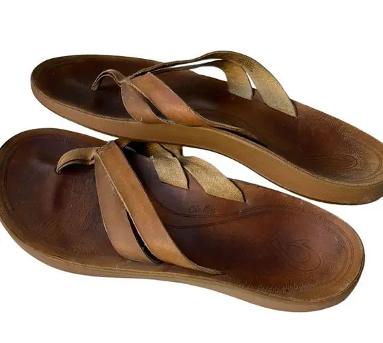 Olukai  Kaekae Tan Brown Leather Flip Flop Sandals Size 8.5-9