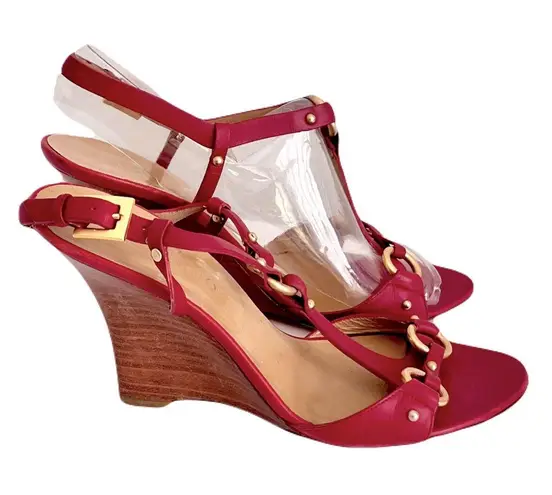 Valentino Garavani Valentino Red Leather Strappy Wedge Slingback Sandals, Size 37.5