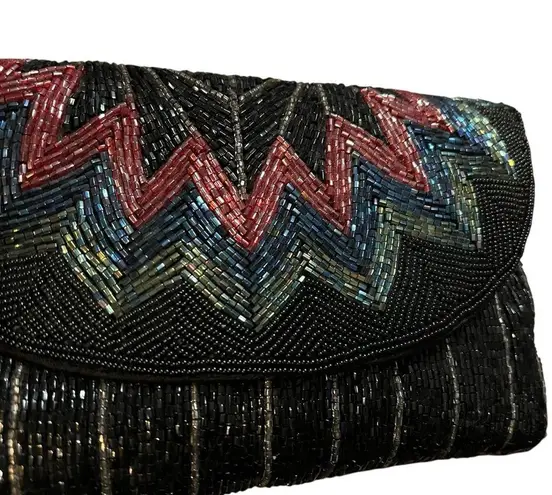 Vintage ADG Beaded Chevron Clutch – 80s/90s Rainbow Glam Black