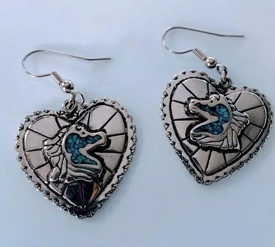 Sterling Silver & Turquoise Heart Shaped Horse Profile Drop Earrings