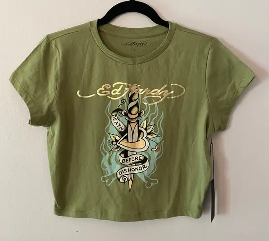 Ed Hardy NWT Women's size Large Green Cropped Baby Tee Death Before Dishonor