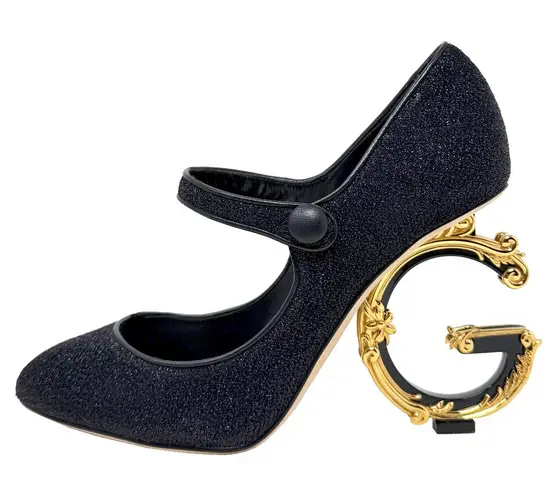 Dolce & Gabbana Mary Jane Pumps Black Baroque DG Logo Heel Size 38 Designer