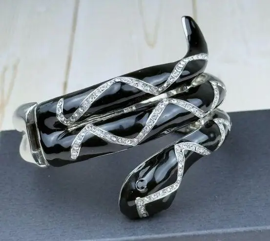 Coiled Snake Black Silver Enamel Cabochon Cuff Bracelet Goth Serpent