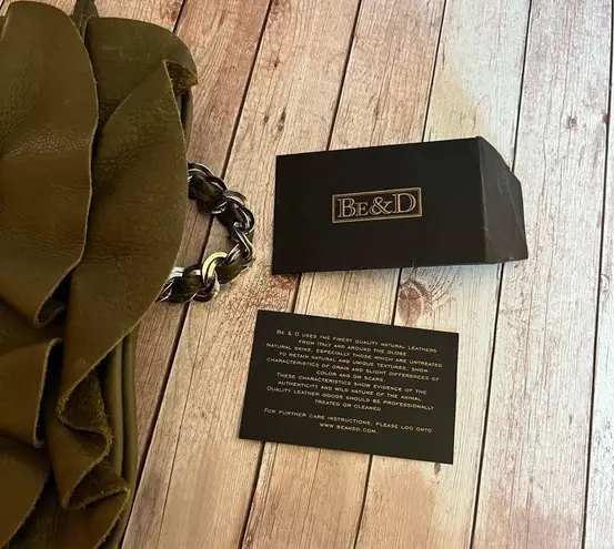 BE & D
Stud Embellished Leather Ruffle Bag, olive green with silver hardware