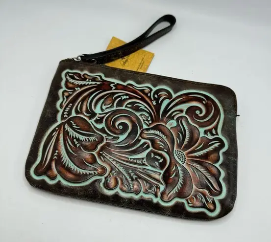 Patricia Nash Cassini Wristet Make Up Bag NEW Embossed Turquoise Leather