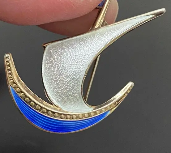intage Ivar T Holth Norway 925 Sterling Silver Guilloche Enamel Sail Boat Brooch Blue