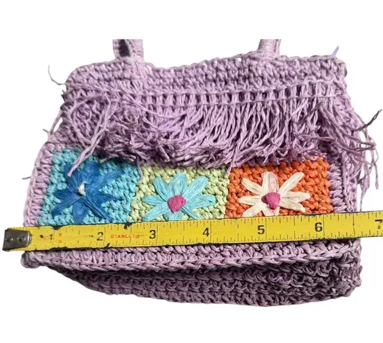 Children's Place Raffia Crochet HANDBAG PURSE Girls Flower Double Sided 6.5x4.5” Purple