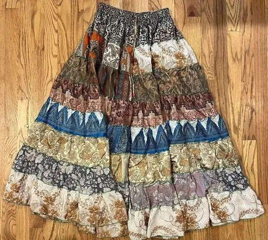 Wevez SILK BLEND Hippie Tiered Patchwork Maxi Long Vintage Skirt ONE SIZE Size L