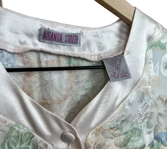 Amanda Smith VTG 90s Short Sleeve Button Down Pink Floral Satin Night Shirt