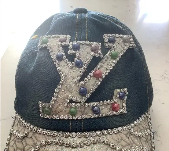 Las Vegas vibe denim cap with rhinestones and pearl detailing streetwear hat