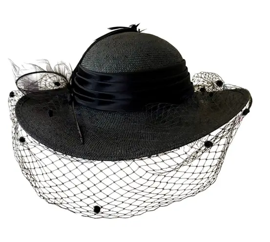 Vintage Accessory Lady Black Straw Hat Veil Feather Detail Wide Brim 13.5"