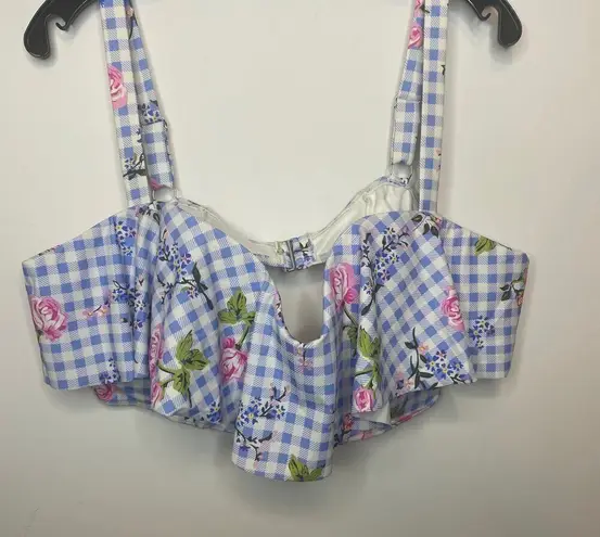 Eloquii NWT Garden Party Bikini Top 22W Blue Gingham Floral Swim Ruffle Beach