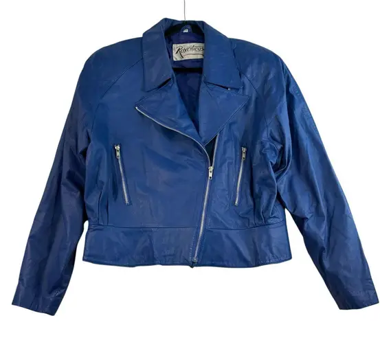 Vtg 90s L Large Leather Moto Jacket Blue Cropped Rockabilly Edgy Grunge Baddie