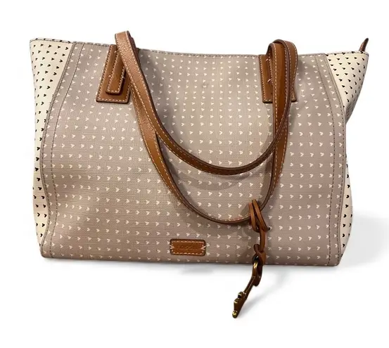 Fossil  Emma Tote Beige White Heart Print Leather Trim Key Charm Laptop Bag Purse - Image 1