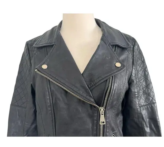 River Island Vintage Quilted Leather Moto Biker Black Jacket Size UK 12 US 8