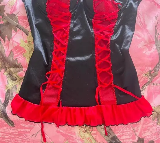 vintage coquette grunge red and black bustier silk lace up corset