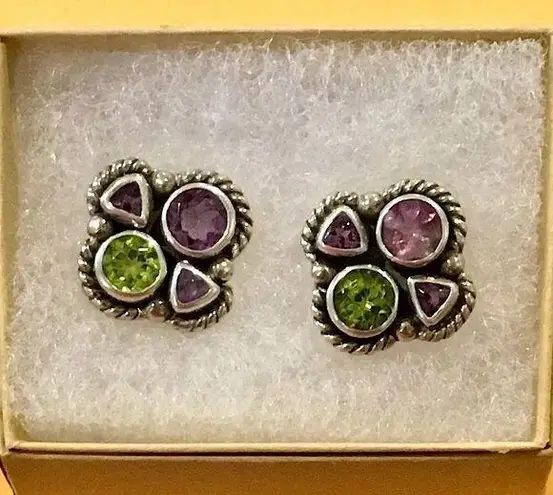 Amethyst Vintage Peridot Sterling Silver Rope Framed Earrings