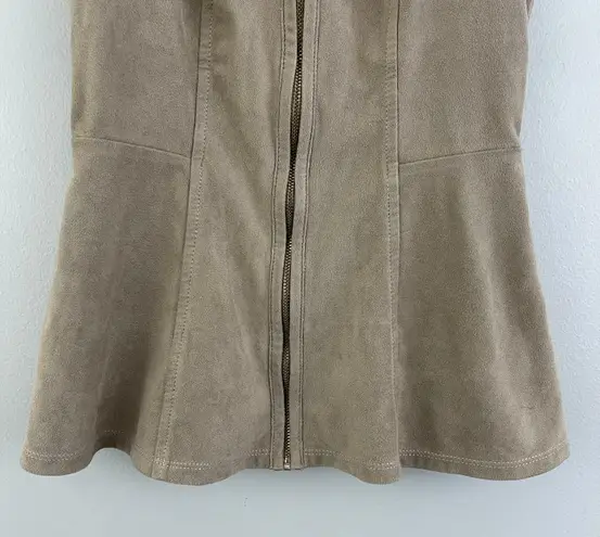 Guess 90's Vibes Tan Beige Faux-Suede V Neck Zip Front Peplum Tank Top