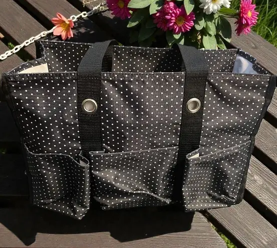 Thirty One Zip Top Organizing Utility Tote Small 15" Ditty Dot Polka Dot 31 ZOUT Black