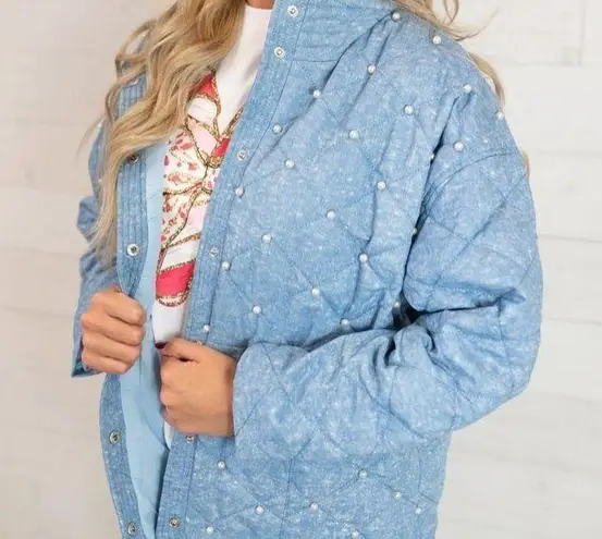 J.NNA Quilted Jacket Pearl Beaded Snap Up Uranian Blue Denim Coat Women's Medium
