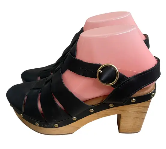Anthropology Black Leather Clog Platform Sandals Wood Heel Sz 7 Strappy woens