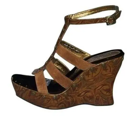 Donald Pliner Camel Brandy Suede Rosette Leather Hand Made Wedge Shoe NWT $295 Brown Size 7.5