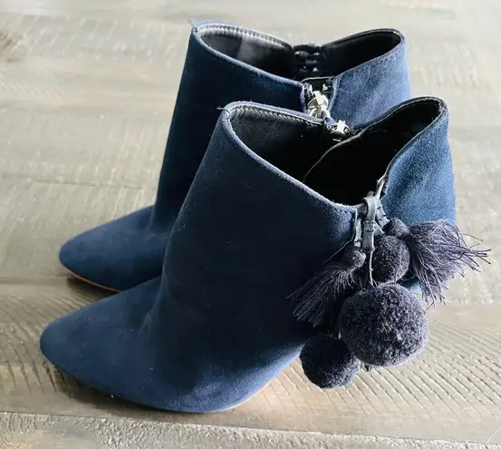 ZARA  Leather Navy Blue Pom Pom Detail Heel Ankle Boots Size 9.5