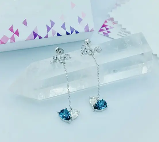 Sterling Silver I Love You Mom Simulated Sapphire Drop Earrings