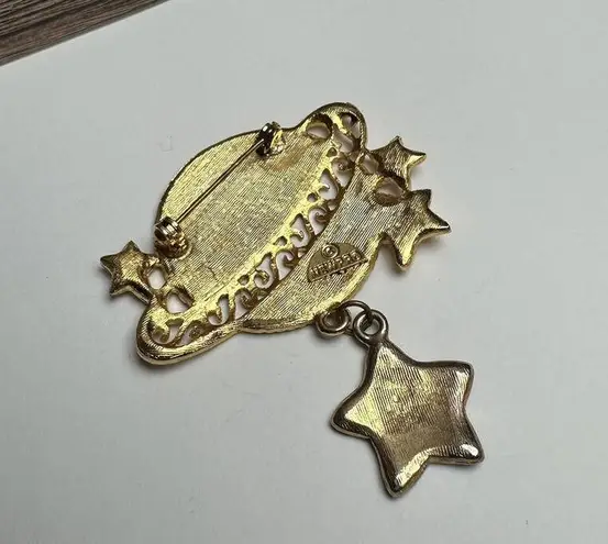 Signed Newpro Enamel & Rhinestone Saturn Planet & Star Dangle Charm Gold Tone