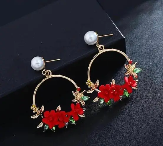 Women's Pearl Crystal Flower Dangle Drop Hoop Earrings Gold