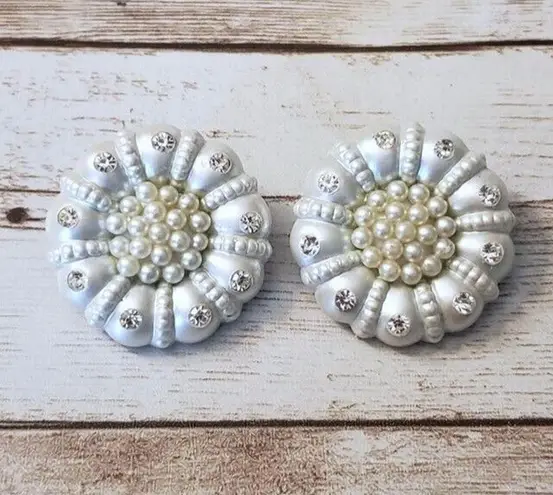 Vintage Clip On Earrings Silver Tone, Faux Pearls, Clear Gems 1.25"