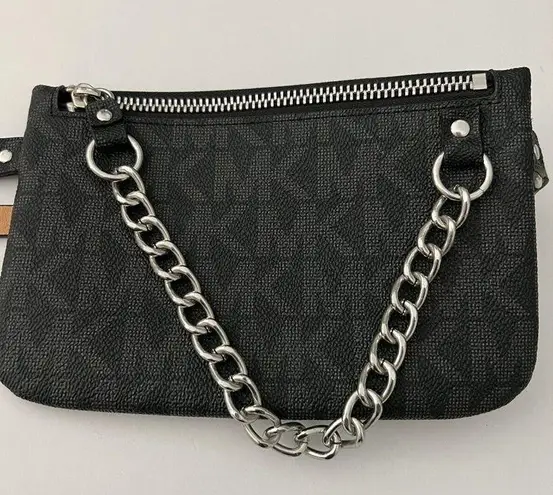 Michael Kors  Black Logo Canvas Silver Pull Chain Fanny Pack Belt Bag Medium