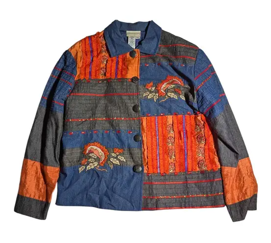 Vtg 1990s Coldwater Creek Blue Denim Orange Silk Floral Patchwork Jacket Sz S