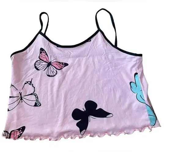 Retro Coquette Boho Whimsical Pink Blue Black Butterfly Lettuce Hem Crop Top Size L